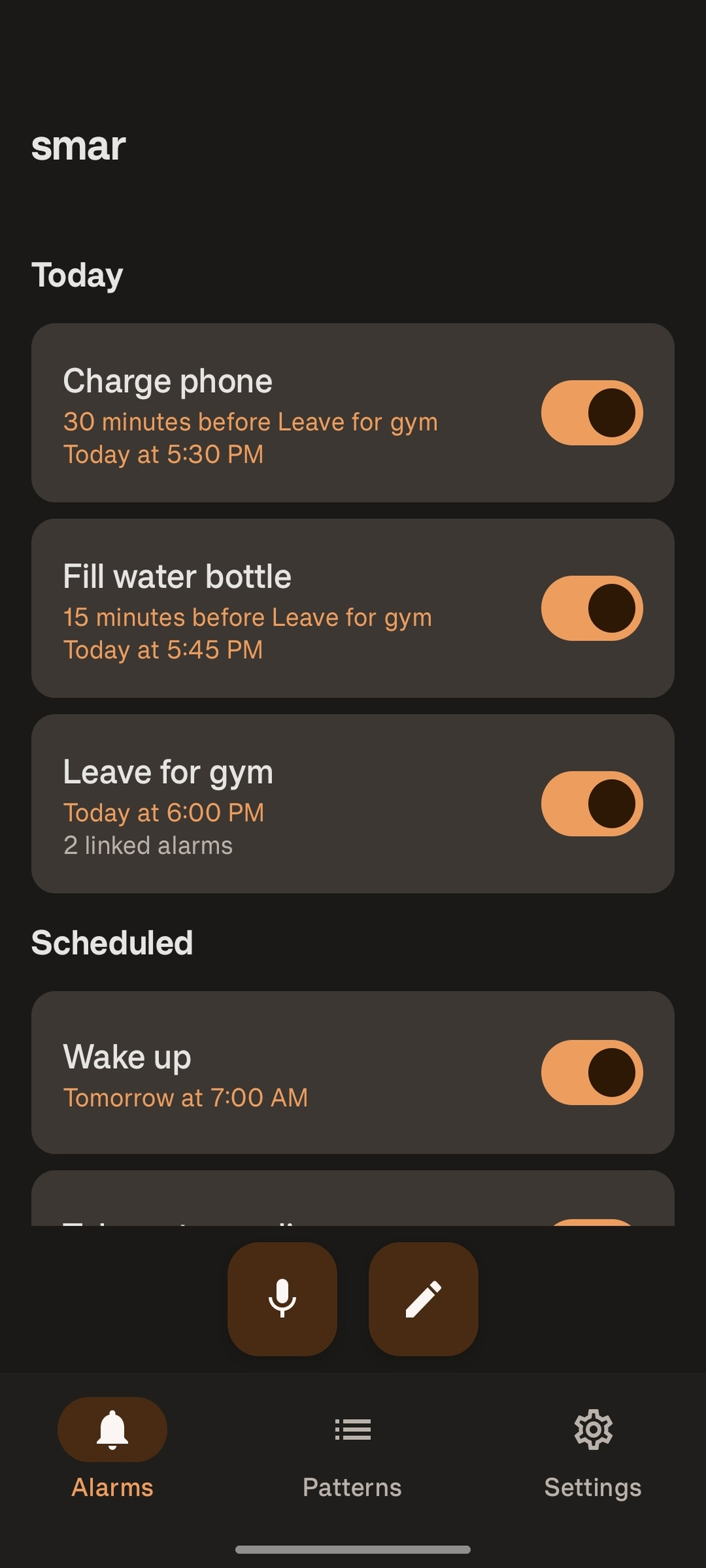 smar alarm list showing linked alarms