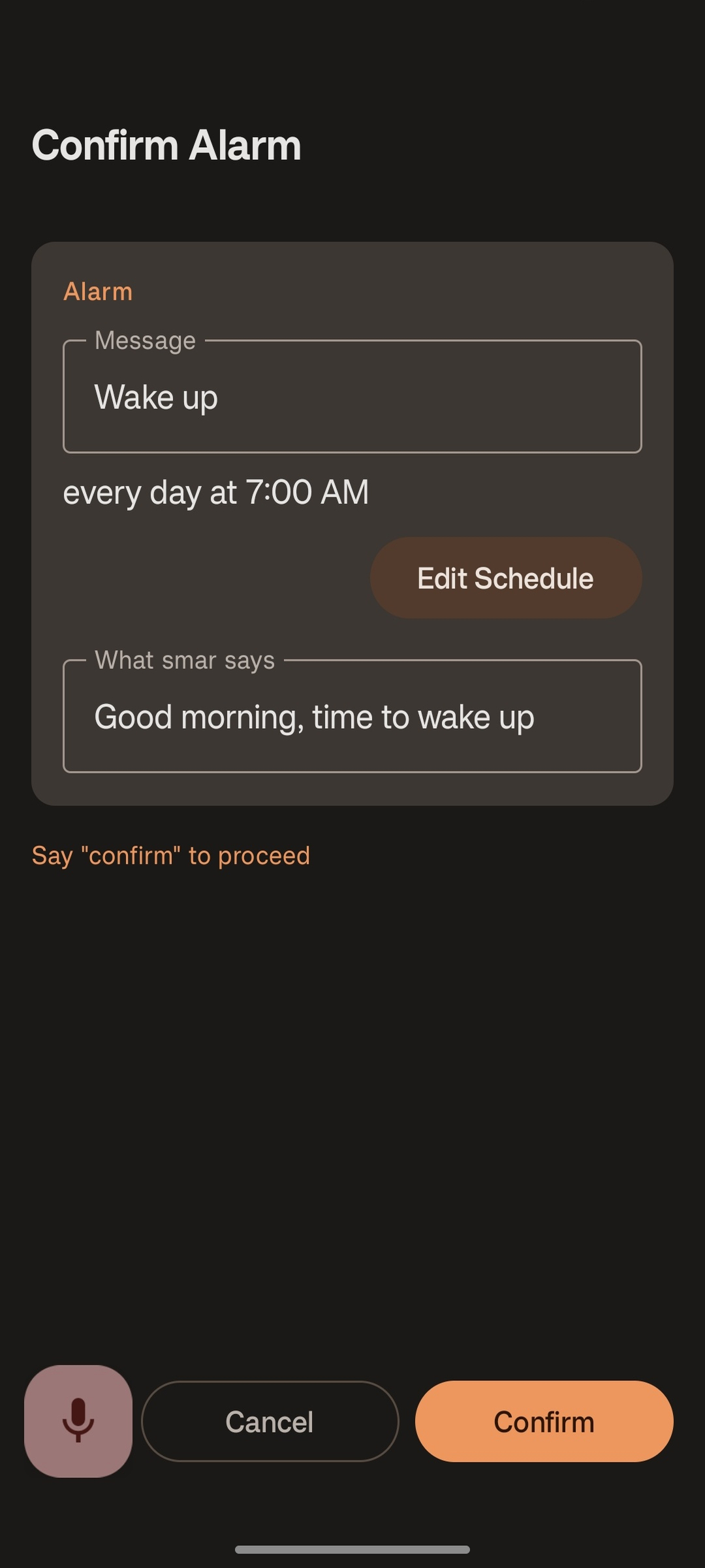 Alarm confirmation showing spoken text field